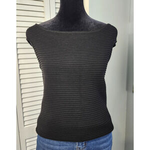 WHBM Ribbed Knit Boat Neck Top Black Size S Stretch NWT